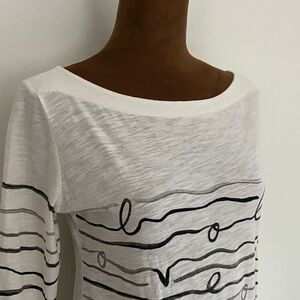 Ann Taylor Loft 3/4 sleeve Love Script Boatneck Top. Ivory and Black. Small
